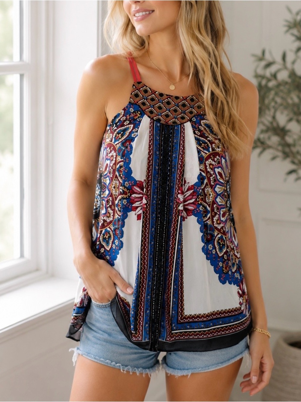 NWT One September Anthropologie Petite Boho Embellished Halter Top Size S